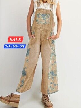 Khaki Denim Wide Leg Overalls W/ Blue Floral Panels. Multiple Sizes Available